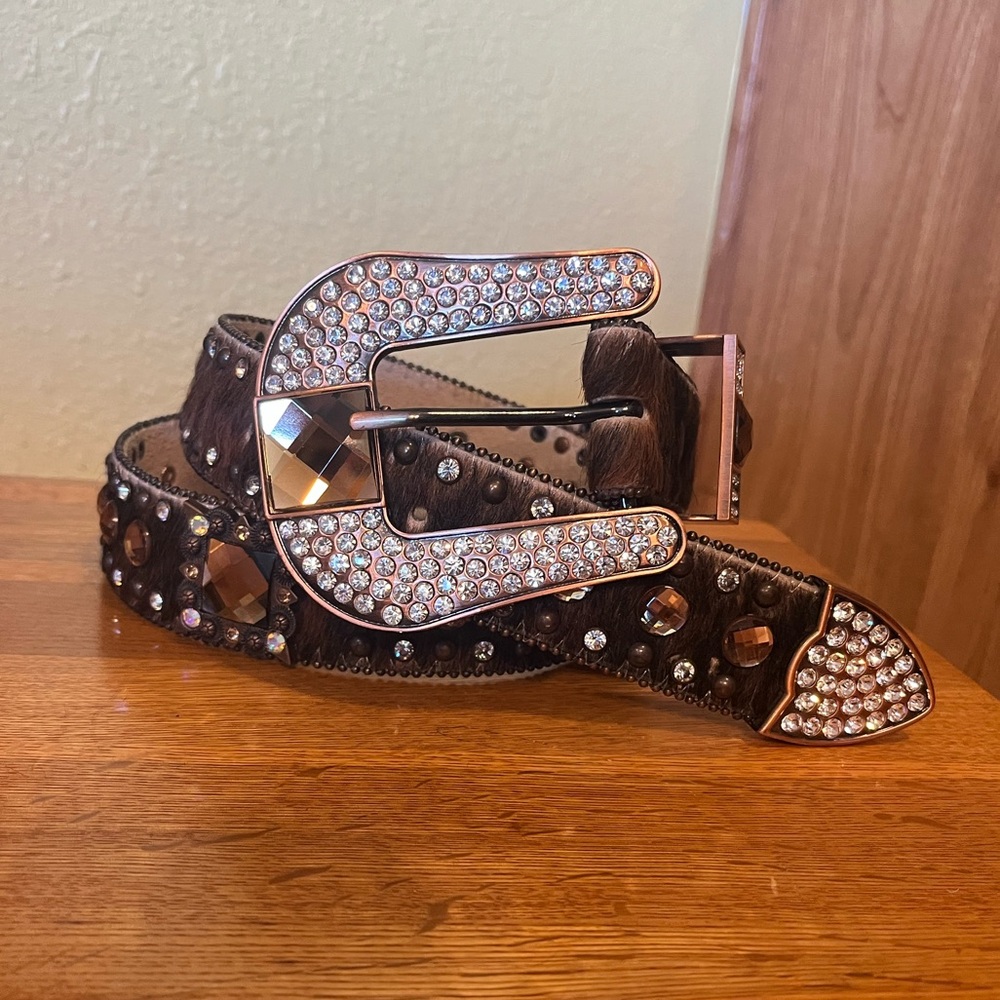 Women’s Nocona Bling Western Brindle Brown Hair On Hide Western Belt.